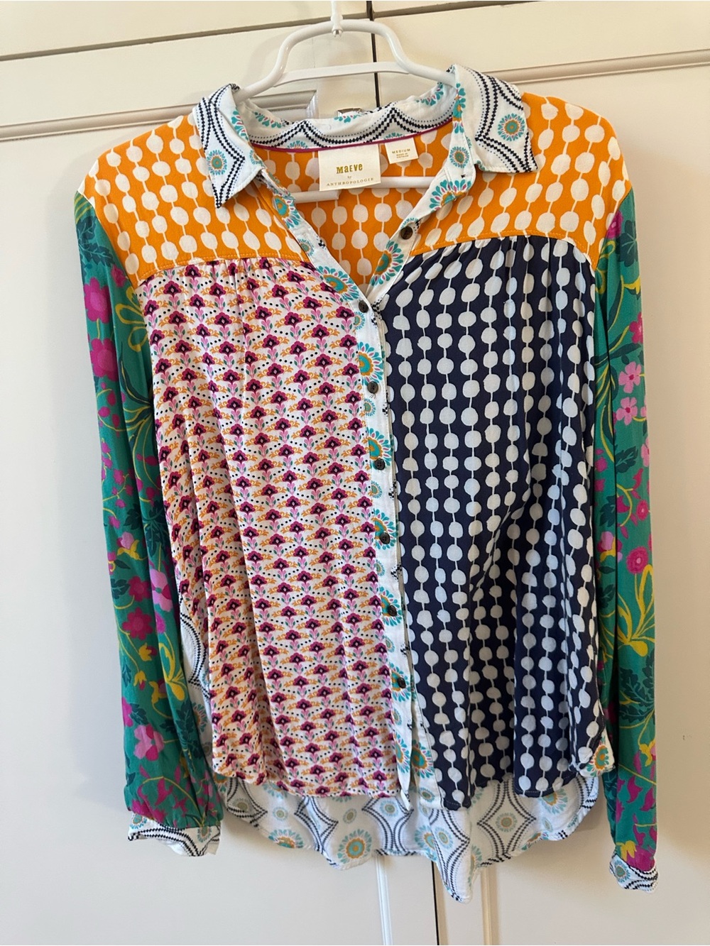 Anthropologie Maeve Multicolor Mixed-Print Button-Up Blouse - Green/Yellow/Blue